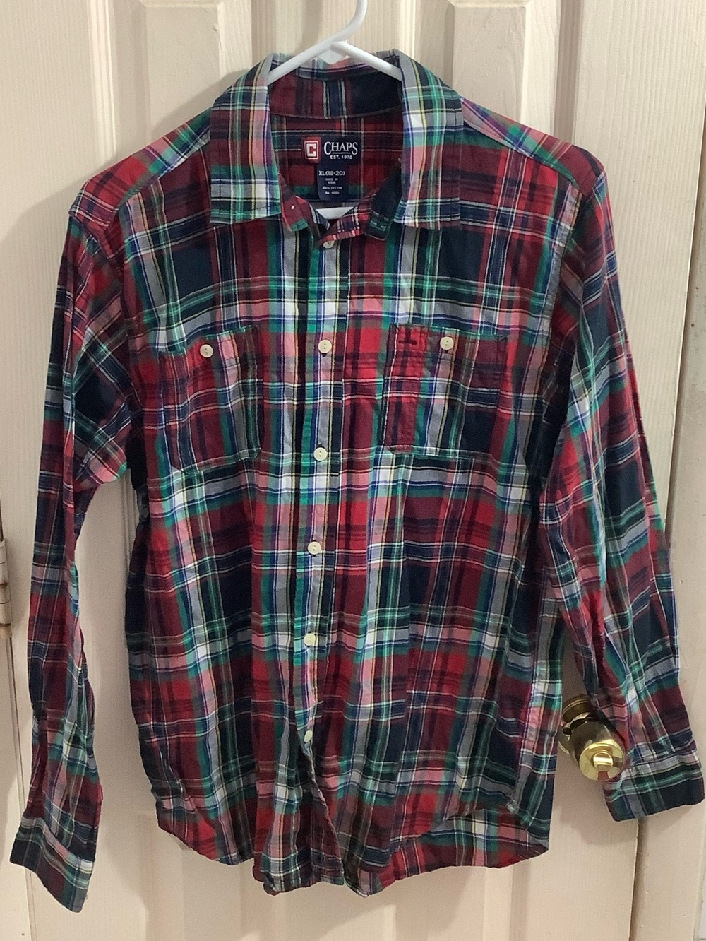 Chaps Young Man Red & Green Plaid Button-Up Shirt Preppy size XL